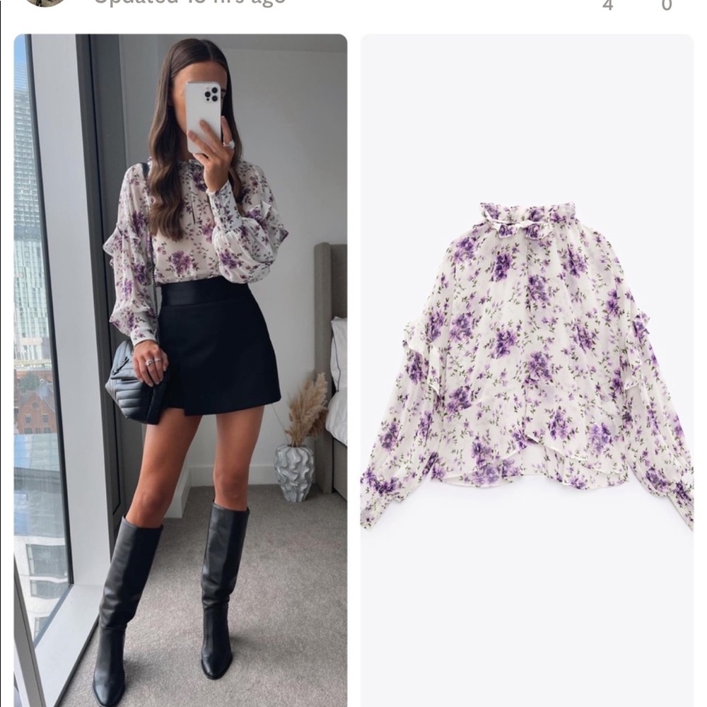 Zara Purple Floral Print Blouse Size L NWT New With Tags